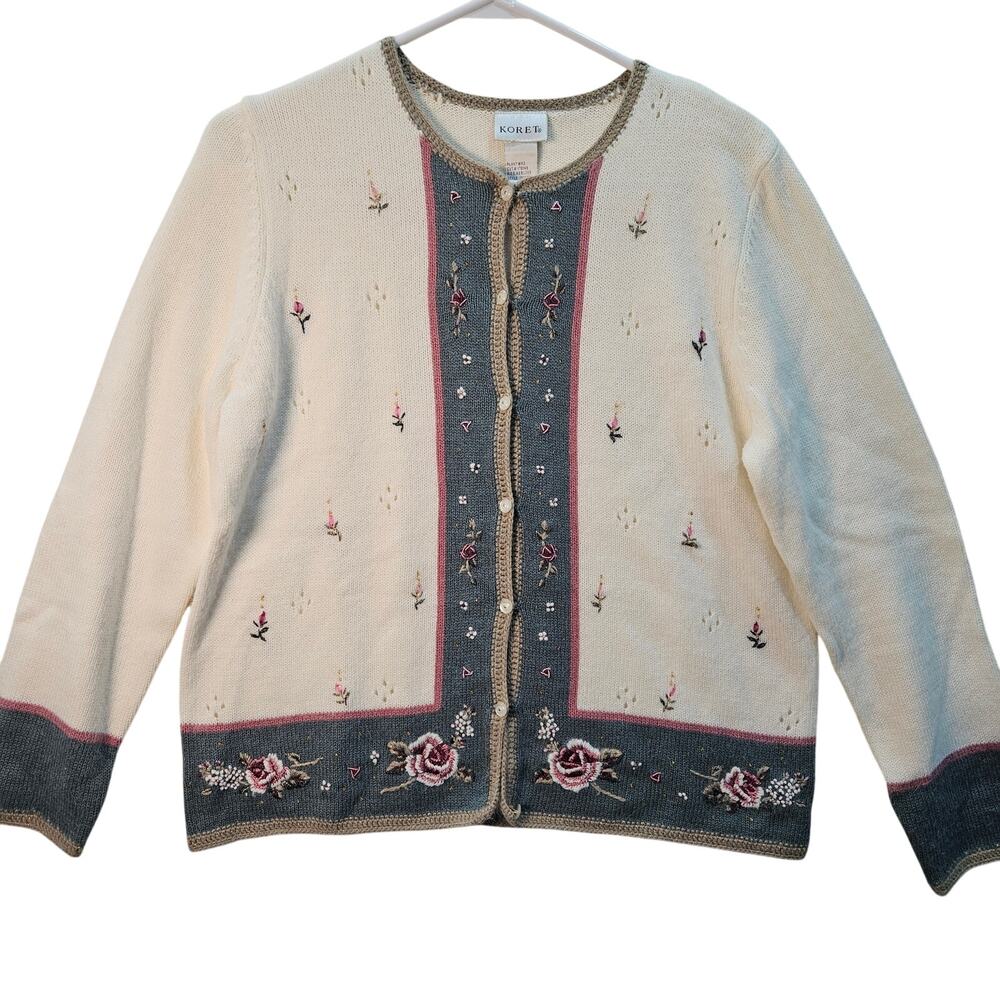 Koret Cream Embroidered Floral Sweater Cardigan Small Granny Feminine Cottage